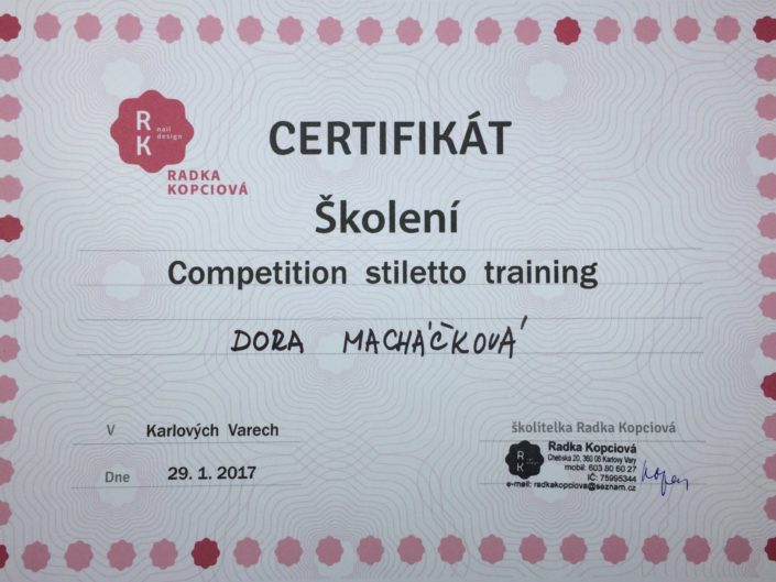 certifikát dora macháčková, dora nehty, nail design dora, nehtová modeláž dora, certifikát školení stilleto nails